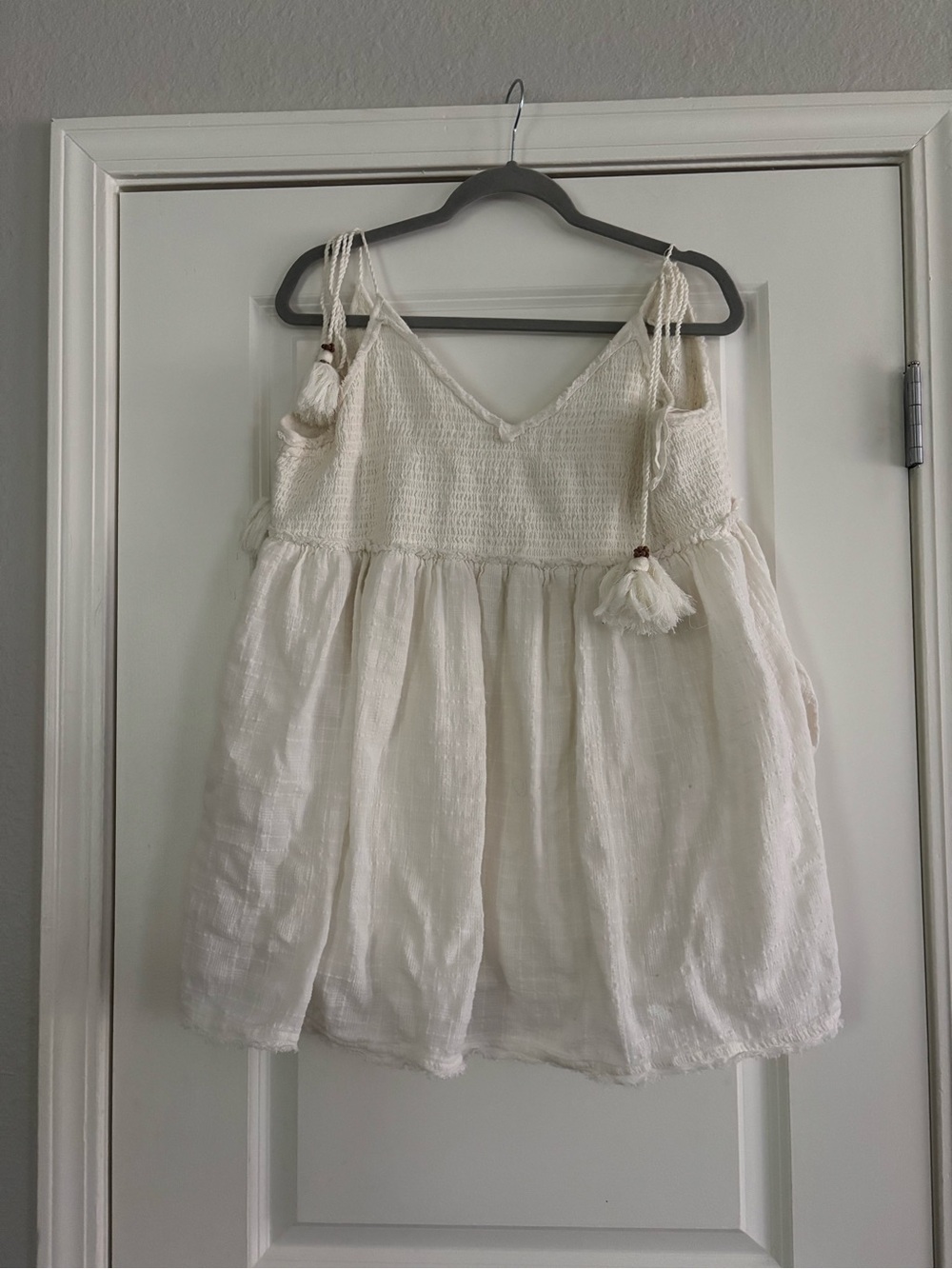 Free People Cotton Boho White/Ivory Tassel Babydoll Dress Size Large
